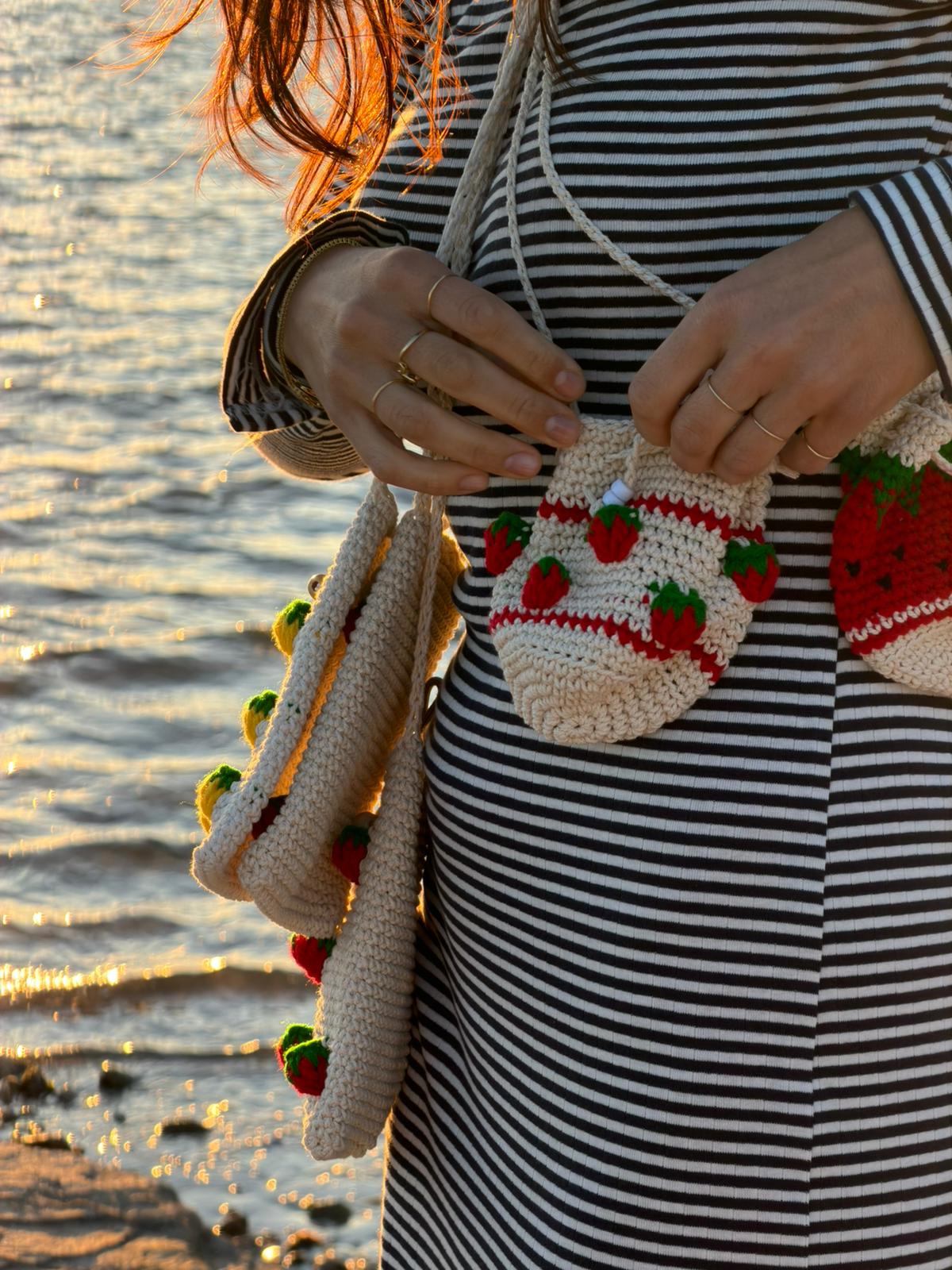 Little Pouch - with crocheted strawberries